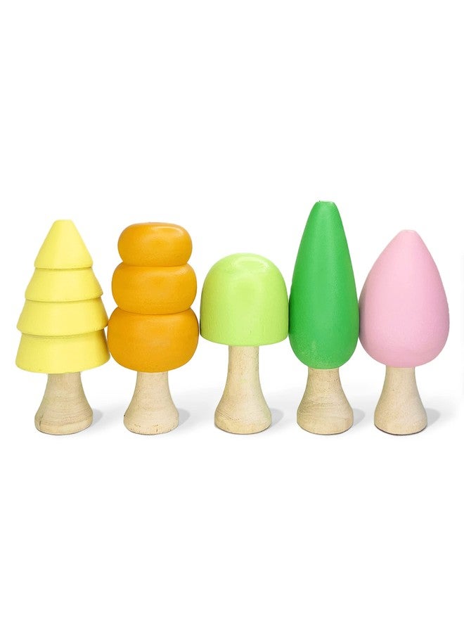 مجموعة أشجار خشبية من كافرون - 5 أشجار صغيرة من الخشب الطبيعي باللون الأخضر، لعبة تعليمية مونتيسوري للأطفال، أشجار غابة خشبية للعب التخيلي، عالم مصغر وديكور منزلي - Image 1